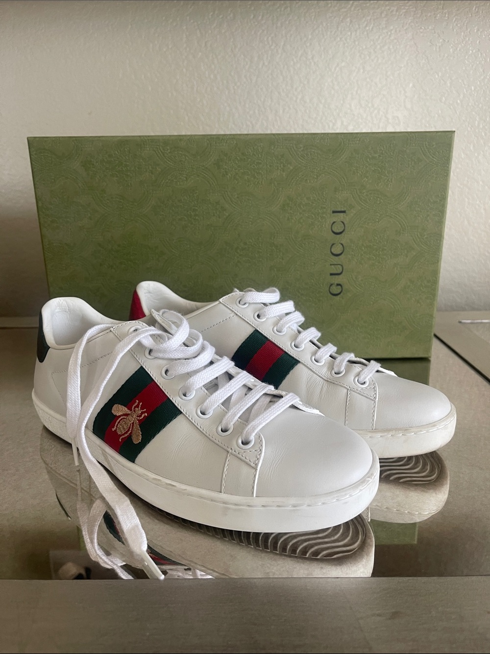 Gucci White Leather Sneakers with Green & Red Web and Gold Bee